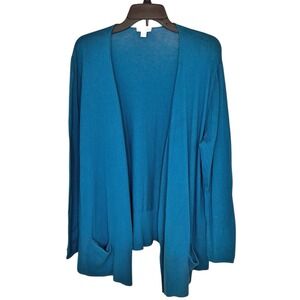 J Jill Open Front Cardigan Sweater Large Teal Blue Cotton Silk Waterfall Pockets
